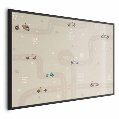 Poster featuring racing cars on a whimsical track design in a sleek black frame.