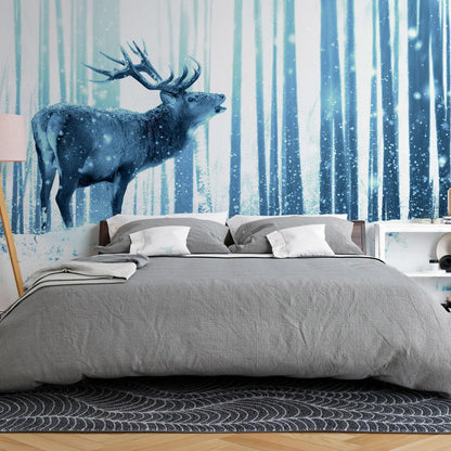 Fototapete - Winter animals - deer motif on a forest background in shades of blue Artgeist
