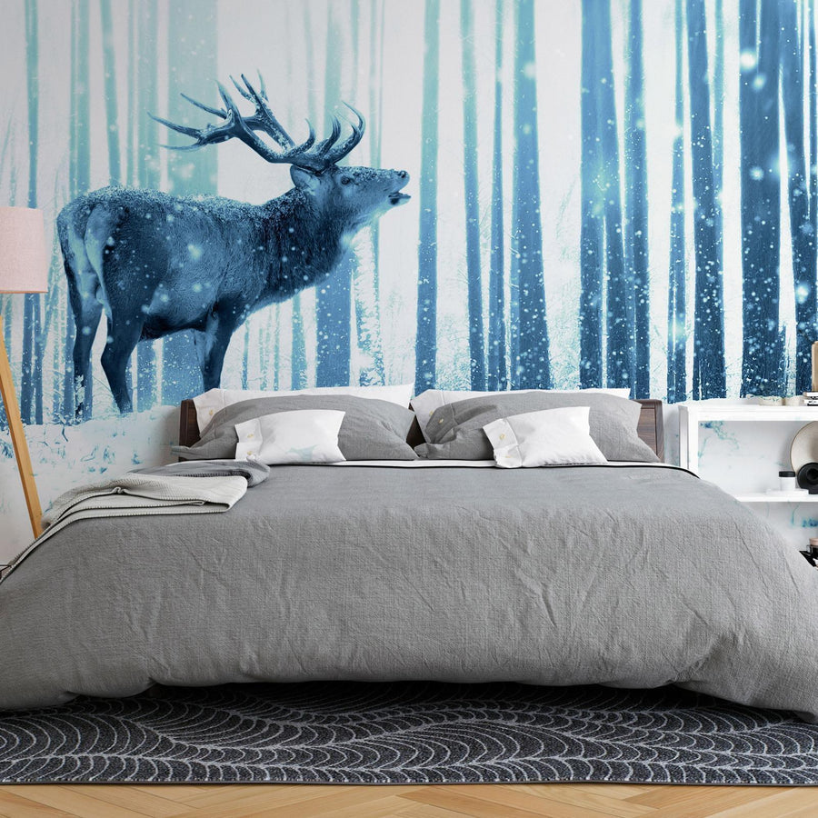 Fototapete - Winter animals - deer motif on a forest background in shades of blue Artgeist
