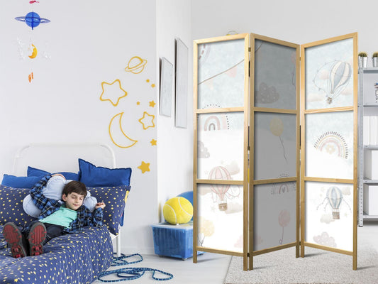 Japanischer Paravent - Balloons in the Sky - Balloons in Pastel Colors Flying Through a Cloudy Sky - Among Rainbows and Stars