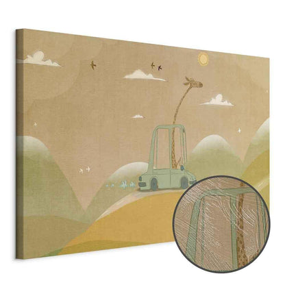 Leinwandbild - Dreamy Traveler - A Cheerful Giraffe Driving a Car on a Sunny Day