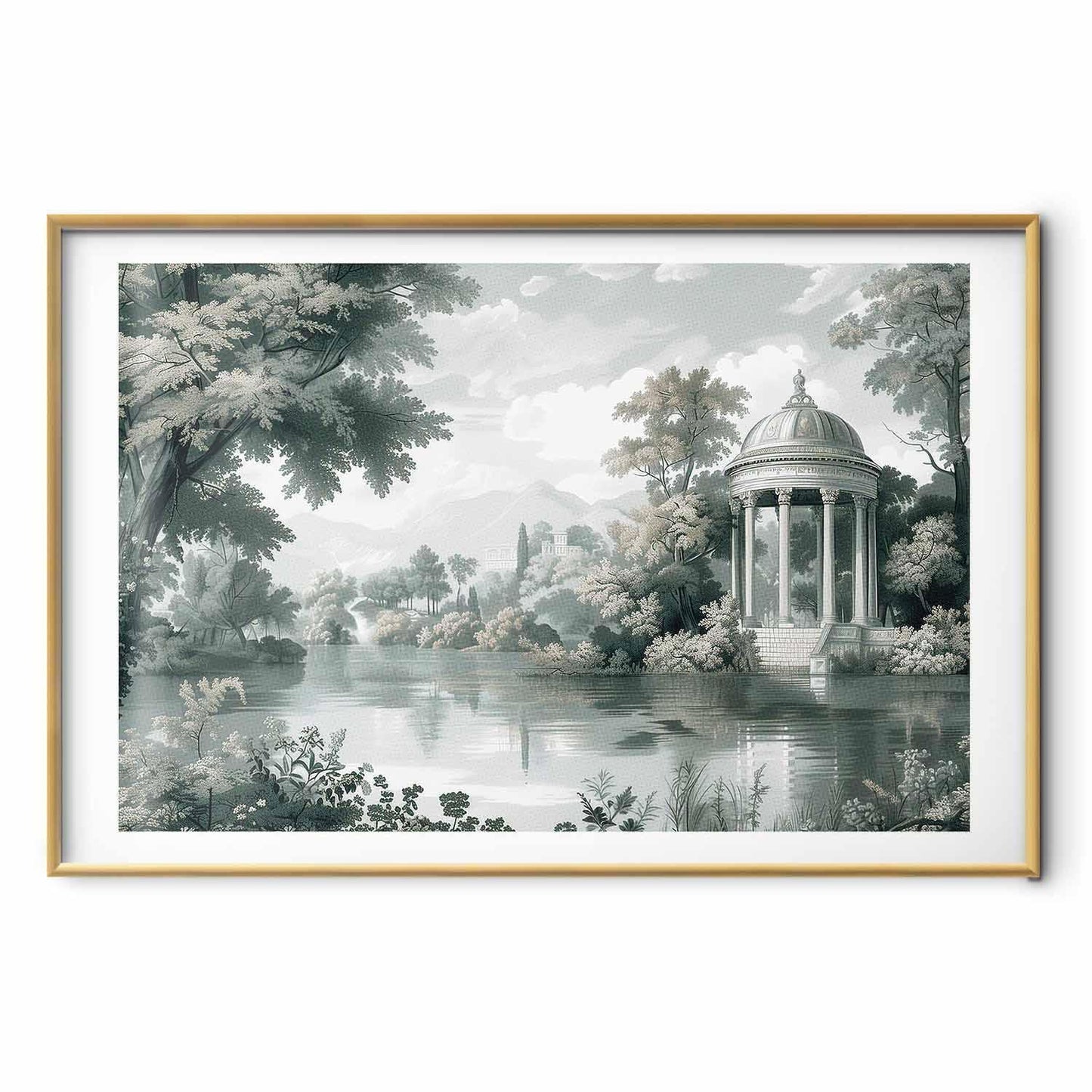 Poster - Landscape with a Park and Lake in Retro Greens