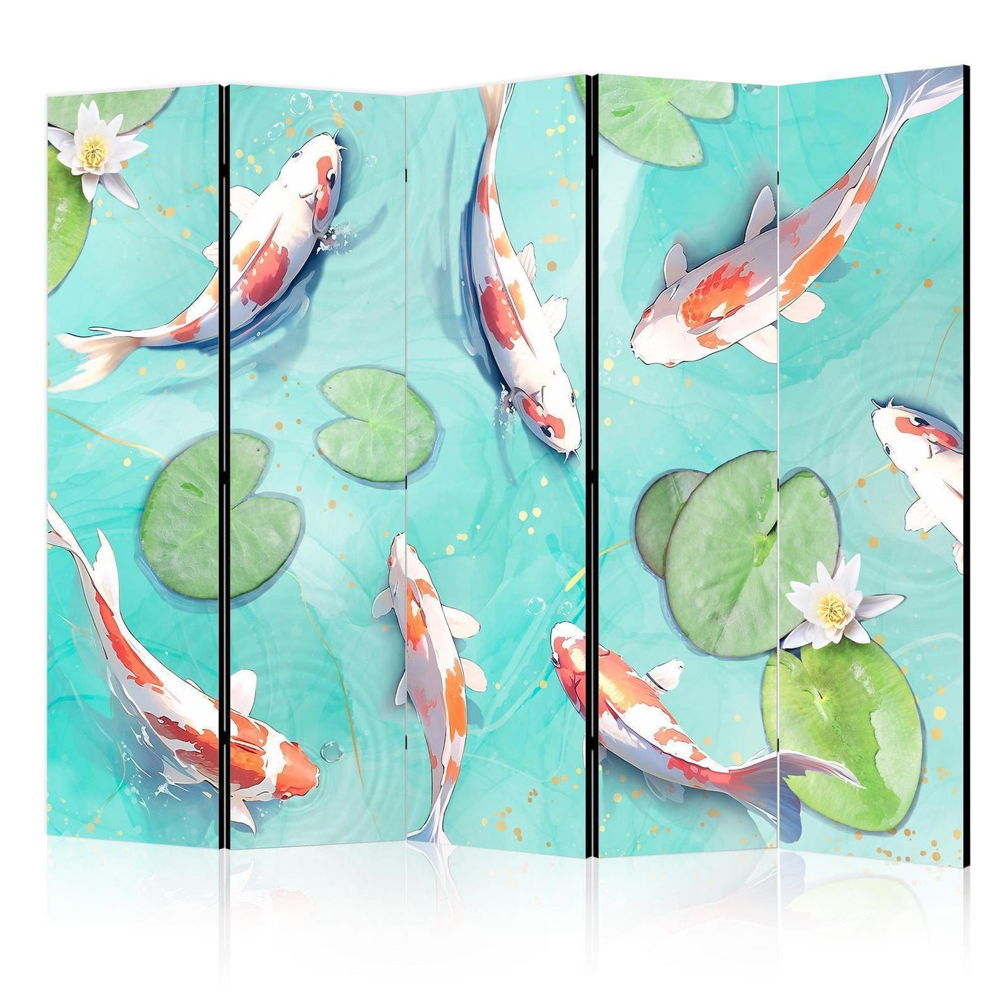 Paravent - Spectacular Koi Fish - White-Orange Koi Fish Swimming in Crystal Clear Water With Water Lilies Artgeist