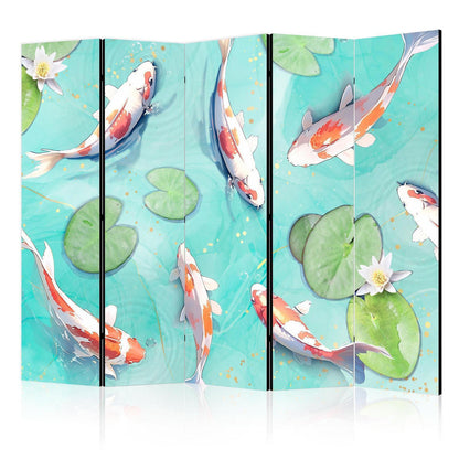 Paravent - Spectacular Koi Fish - White-Orange Koi Fish Swimming in Crystal Clear Water With Water Lilies Artgeist