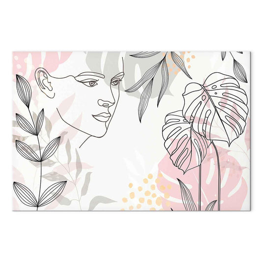Leinwandbild Frau mit Monstera Blättern – Moderne Line Art