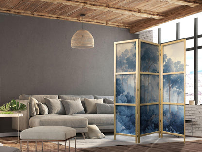 Japanischer Paravent - Landscape with Trees in Illustrative Style - Fairy-Tale Blue Forest