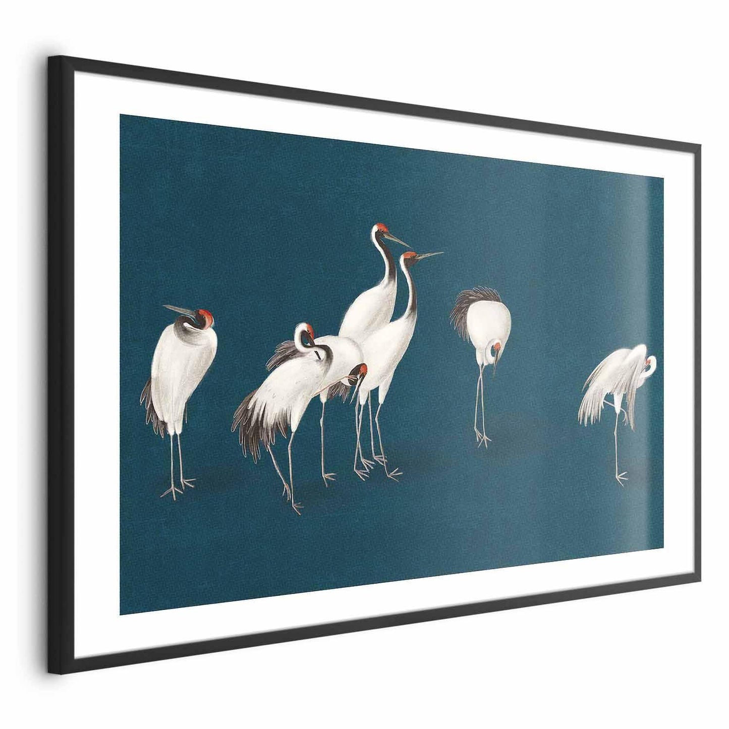 Poster - Evening at the Pond - group of cranes drawn in dry pastel on a dark turquoise background Artgeist