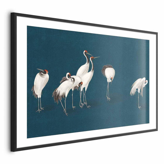 Poster - Evening at the Pond - group of cranes drawn in dry pastel on a dark turquoise background Artgeist