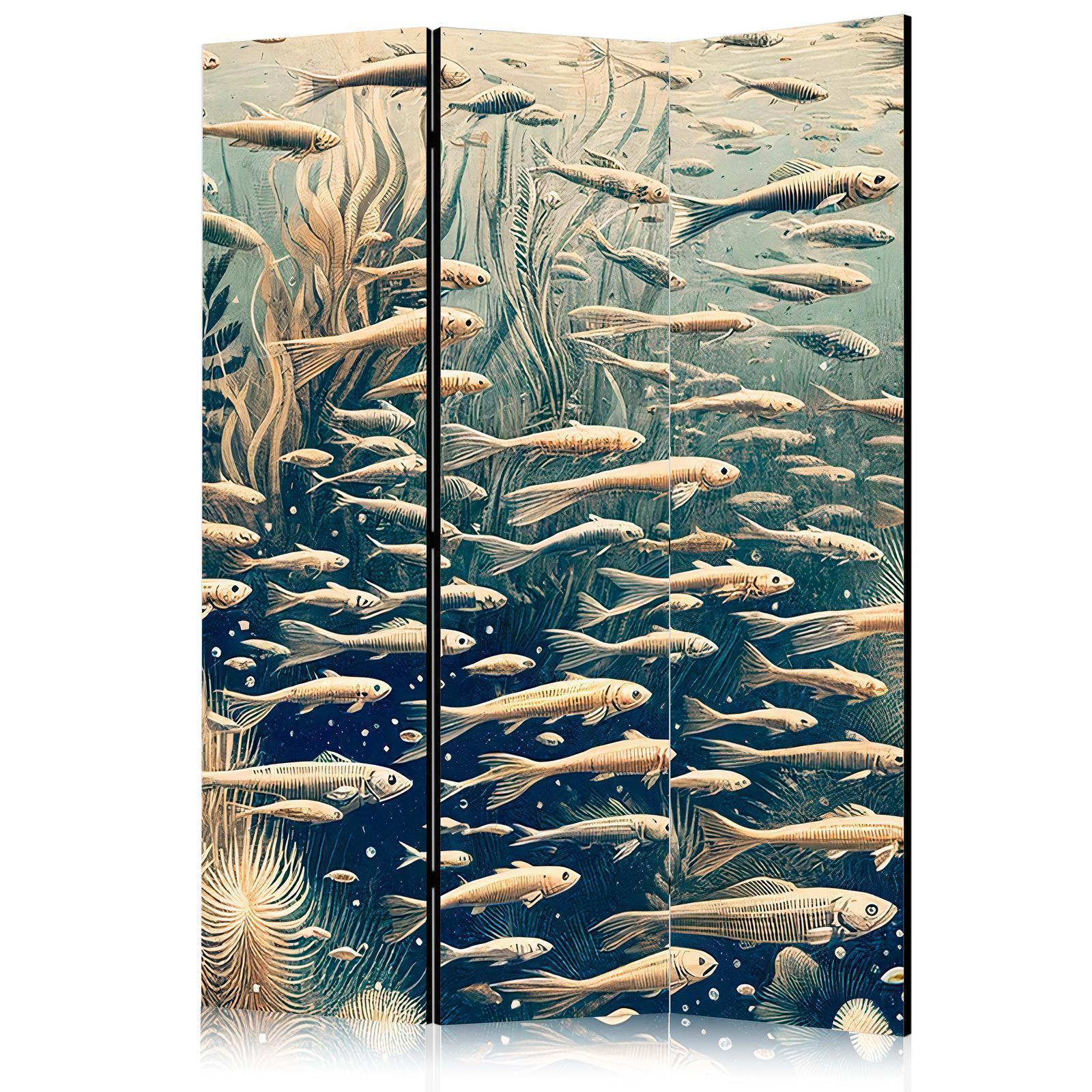 Paravent - Life in the Ocean - Underwater World of Fish and Vegetation in Beige and Navy Colors in Retro Style Artgeist