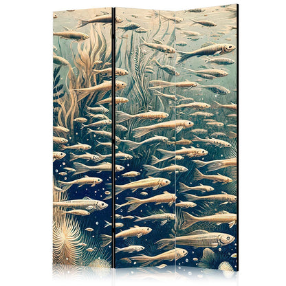 Paravent - Life in the Ocean - Underwater World of Fish and Vegetation in Beige and Navy Colors in Retro Style Artgeist