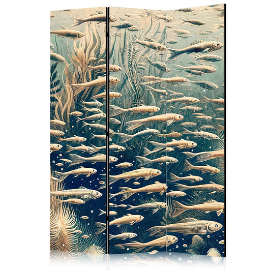 Paravent - Life in the Ocean - Underwater World of Fish and Vegetation in Beige and Navy Colors in Retro Style Artgeist