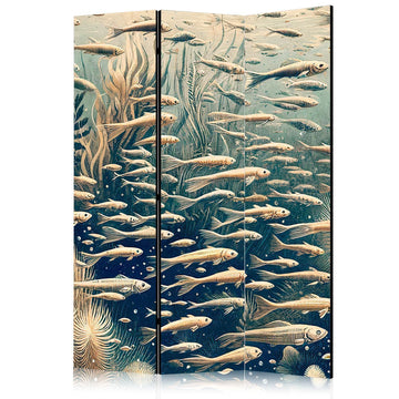 Paravent - Life in the Ocean - Underwater World of Fish and Vegetation in Beige and Navy Colors in Retro Style Artgeist