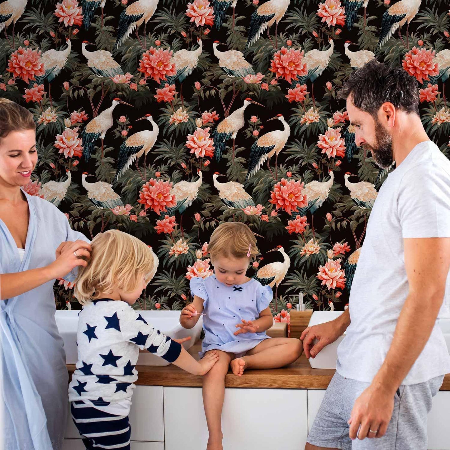 Tapete - Ornament with birds - silhouettes of cranes and peony flowers on a dark background