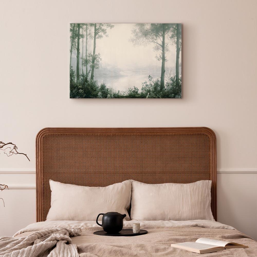 Leinwandbild - Retro Landscape Grove Trees and Pond in Patinated Shades of Green