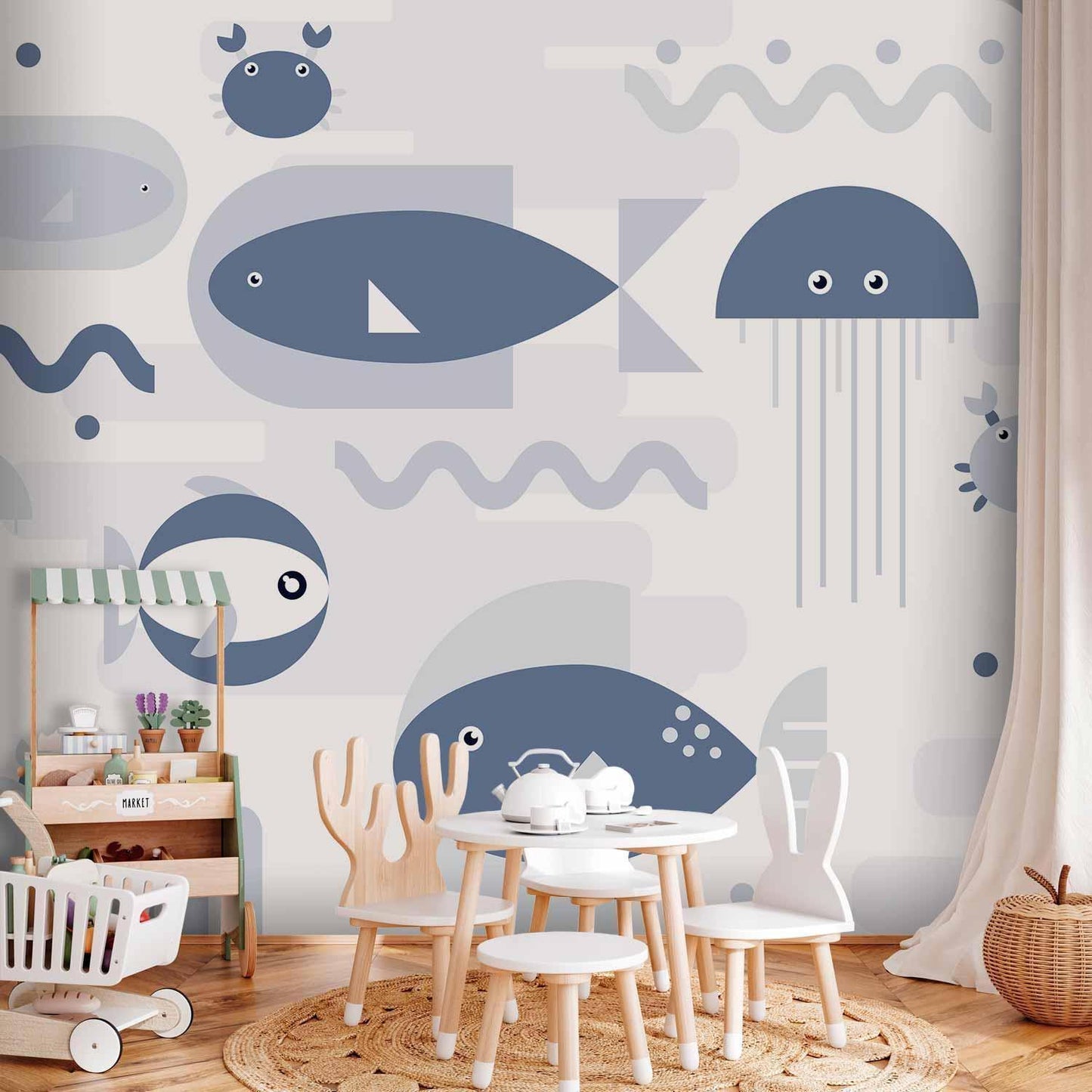 Fototapete - Minimalist ocean - geometric fish and crabs in water for kids