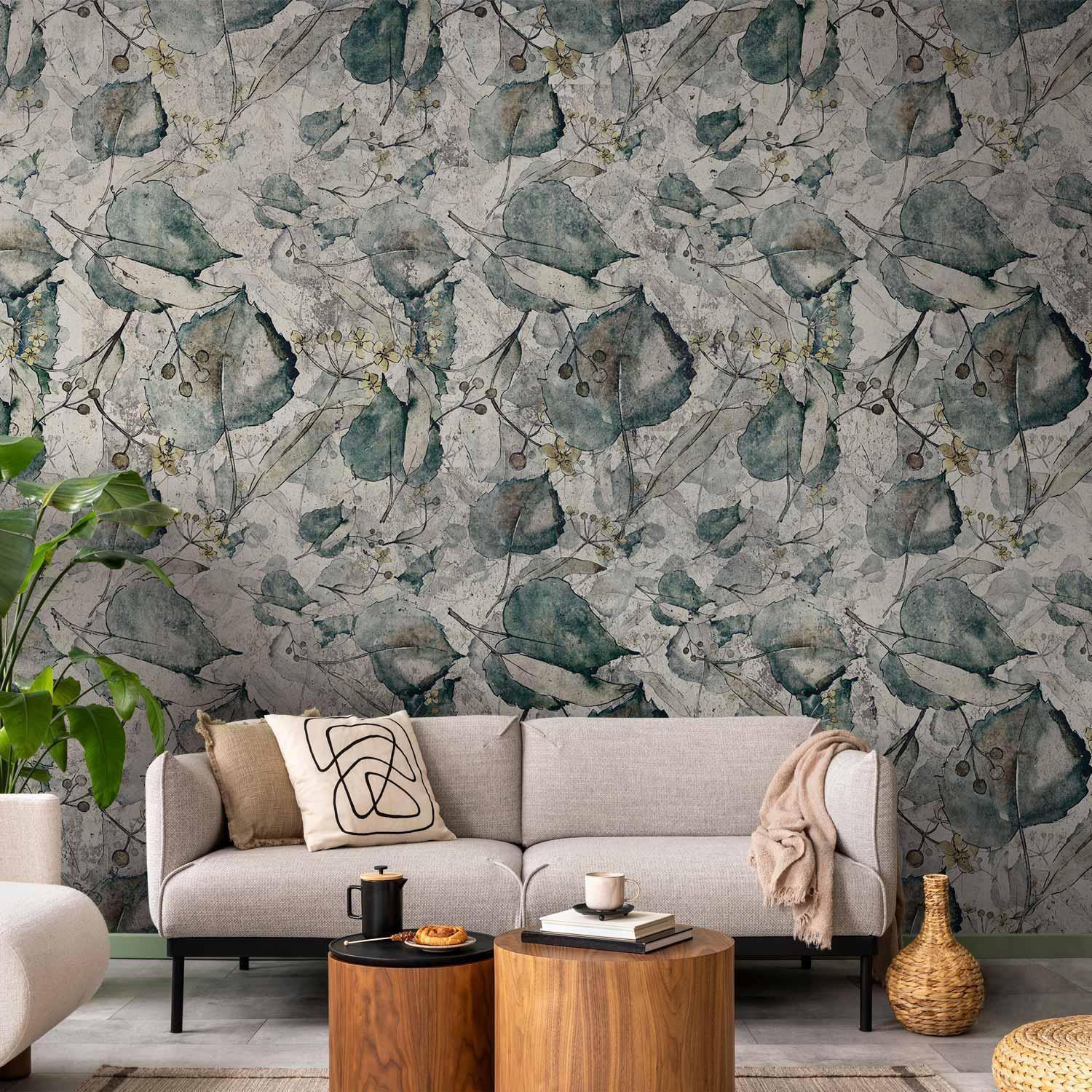 Fototapete - Autumn souvenirs - cool grey floral pattern with leaves Artgeist
