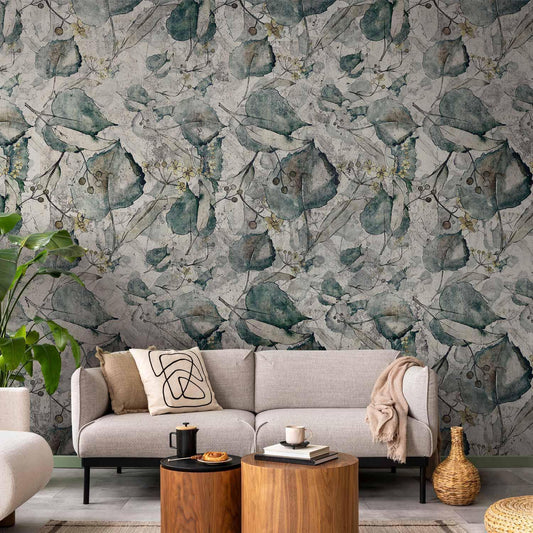 Fototapete - Autumn souvenirs - cool grey floral pattern with leaves Artgeist