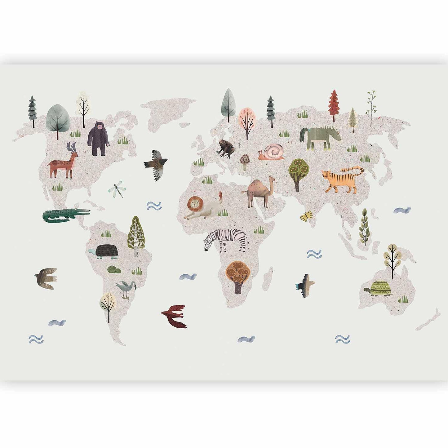 Fototapete - Beige World - Continents With Animals in Muted Colours