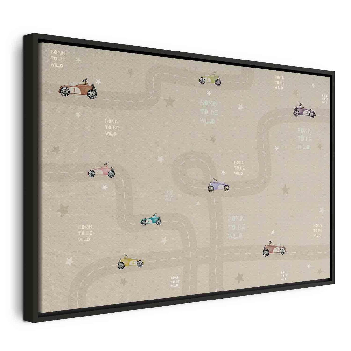Leinwandbild - Race - Colorful Cars on a Road on a Beige Background with Inscriptions