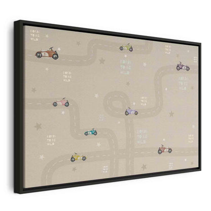 Leinwandbild - Race - Colorful Cars on a Road on a Beige Background with Inscriptions