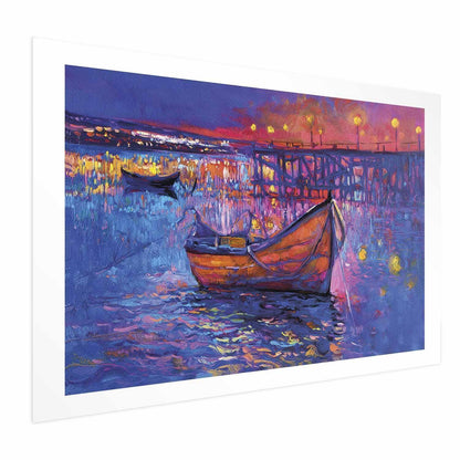Poster - Modern impressionism - night landscape of a lake with a floating boat