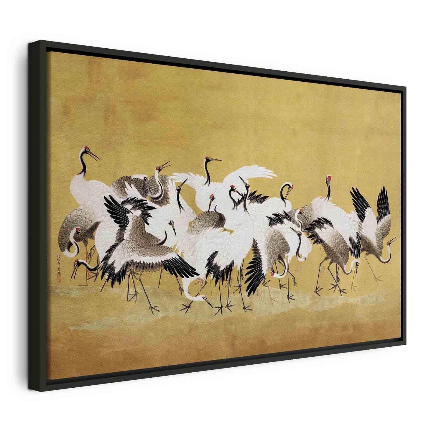 Leinwandbild - Japanese cranes - a flock of birds against a golden background based on a painting by Ishida Yūtei