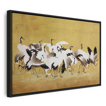 Leinwandbild - Japanese cranes - a flock of birds against a golden background based on a painting by Ishida Yūtei