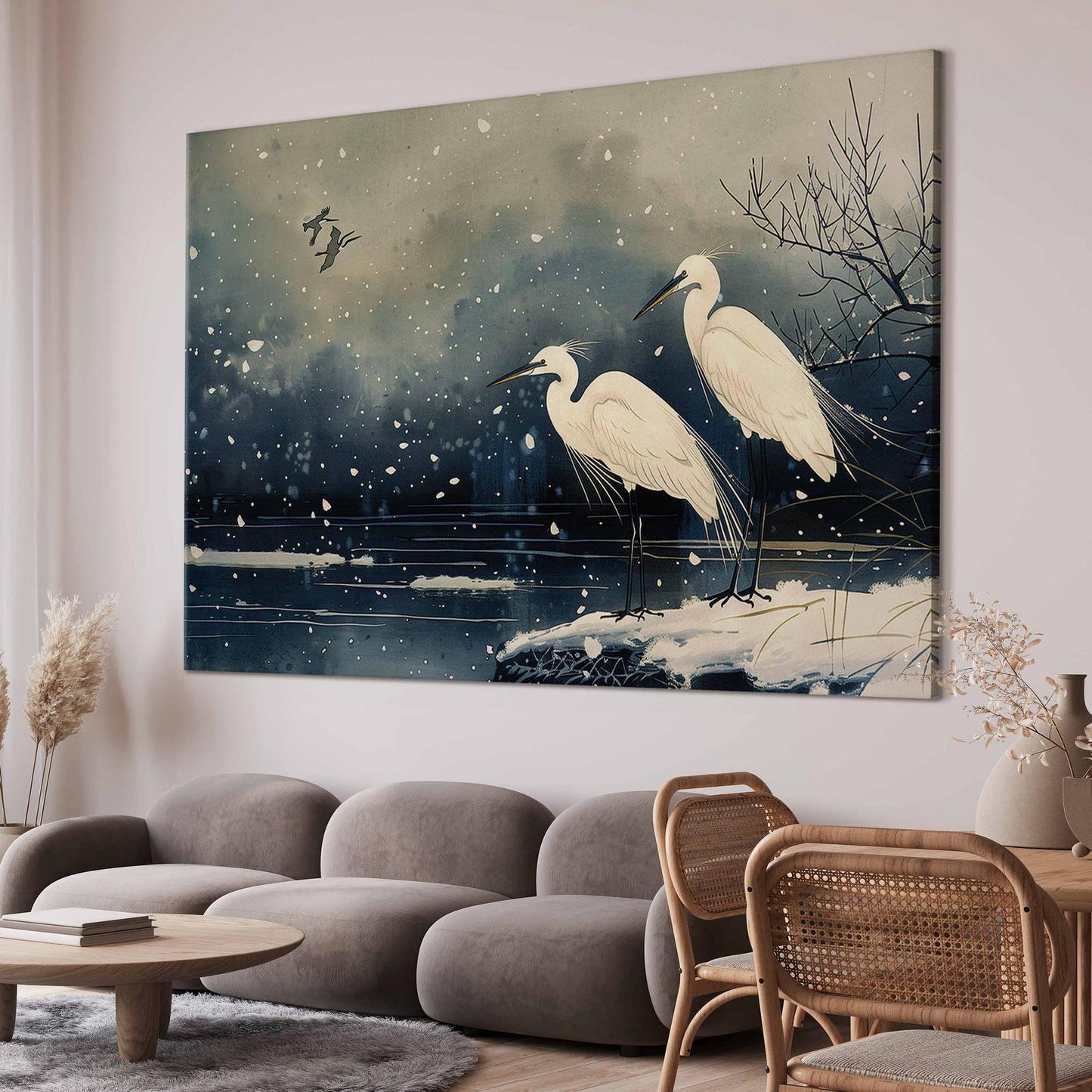 Wandbild XXL - Herons over a winter pond - Japanese-style illustration in dark colours