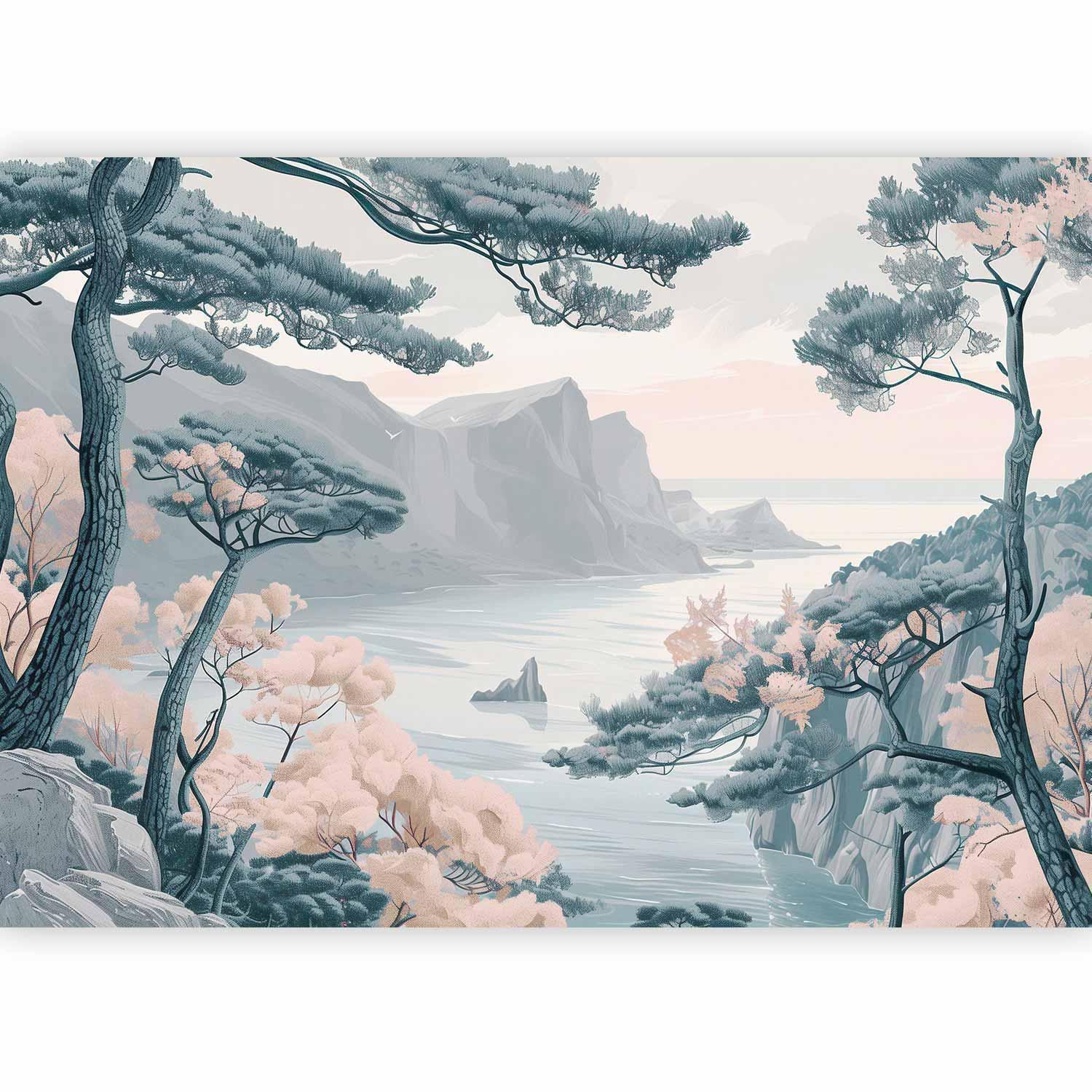 Fototapete - Mountainous Coast with Trees and Rocks in Light Pastel Blues Artgeist