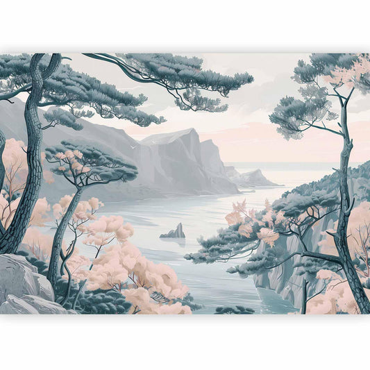 Fototapete - Mountainous Coast with Trees and Rocks in Light Pastel Blues Artgeist