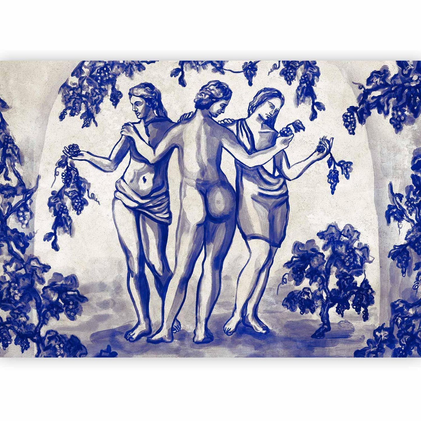 Fototapete - Ancient vineyard - three women in a portal painted with blue ink