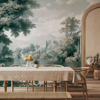 Fototapete - View of the Park and Lake Retro Vintage Landscape in Greens