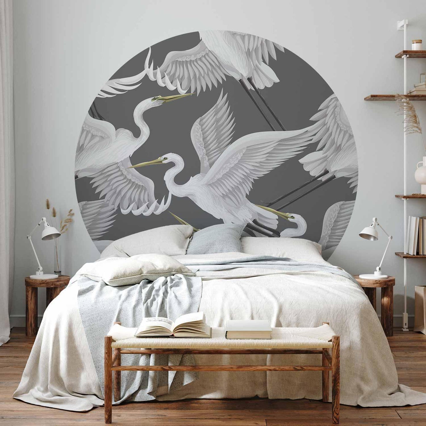Runde Fototapete - Pastel birds – a delicate pattern of white and grey herons on a light pink background