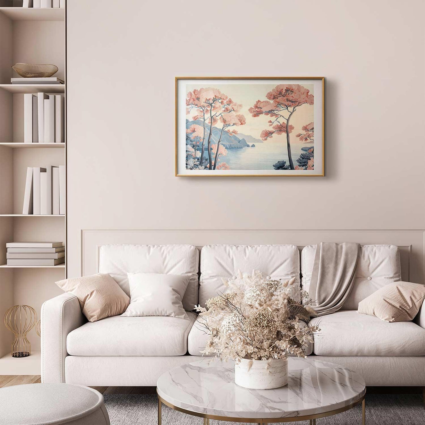 Poster - Ocean Cliffs and Trees Delicate Motif in Pastel Colors