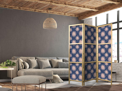 Japanischer Paravent - Sunny Patterns - Repeating Sun Motif on a Navy Background Artgeist
