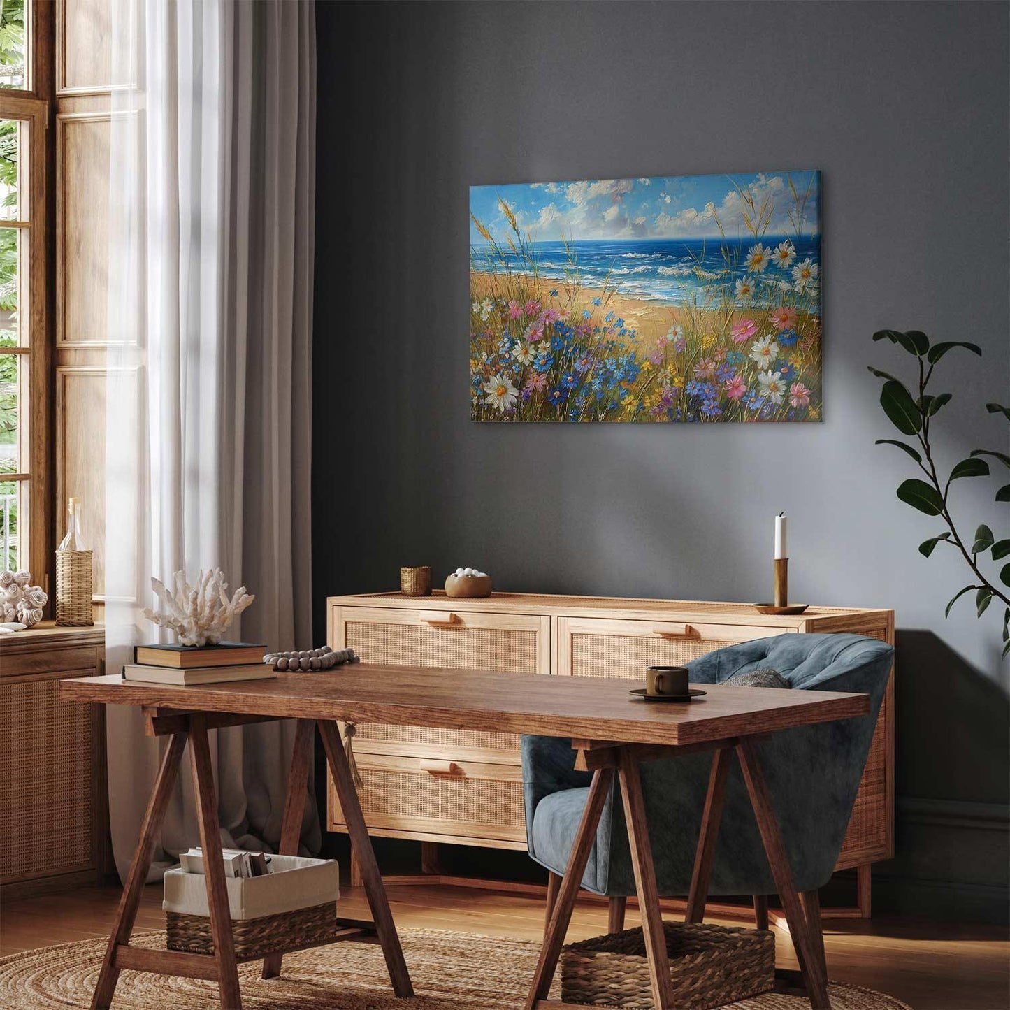 Leinwandbild - Seascape – wildflowers and a view of the rough sea