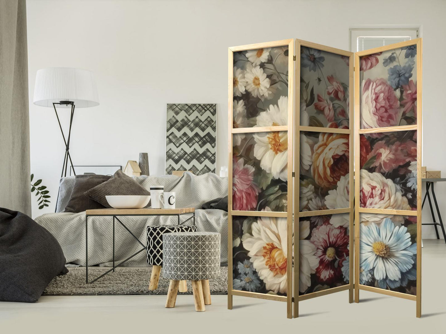 Japanischer Paravent - Scent of Nature - Beautiful Garden Flowers in Pastel Colors