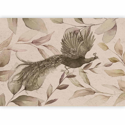 Fototapete - Bird among the leaves - floral motif with a flying peacock in cool tones Artgeist