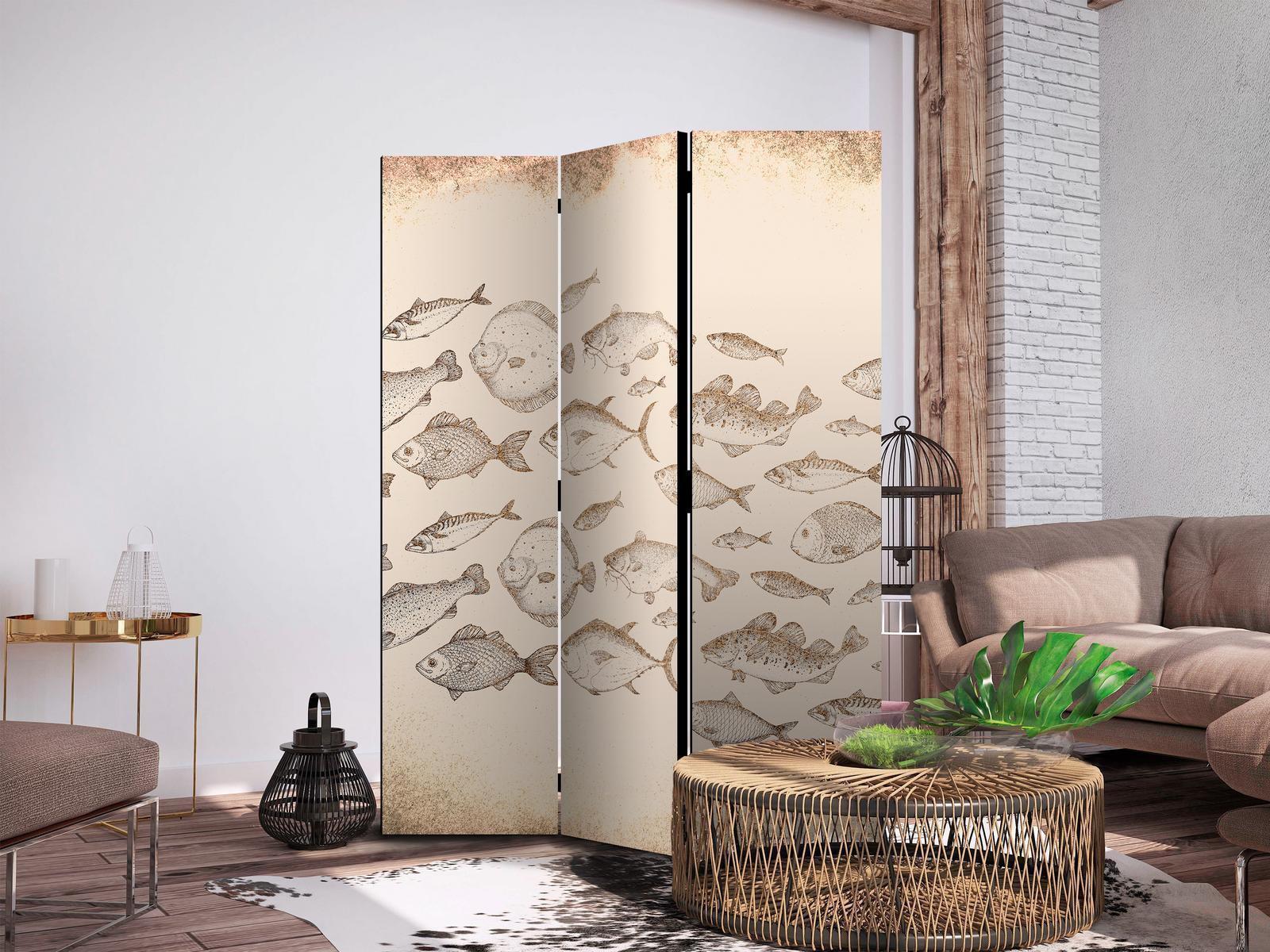 Paravent - Sketch of a Fish School - Sketches of Various Fish Species Swimming in a School on a Beige Background in Vintage Style Artgeist