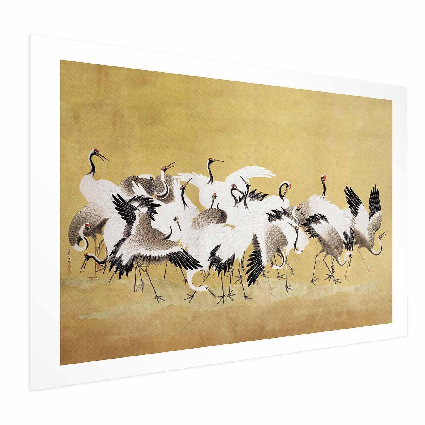Poster of Japanese cranes against a golden background inspired by Ishida Yūtei's painting.
