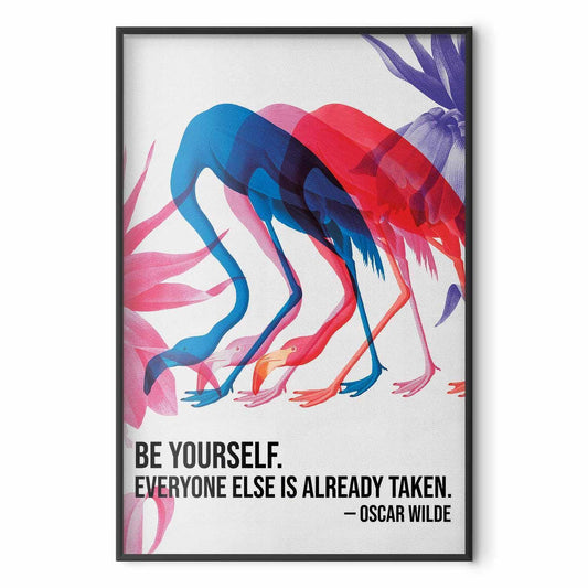 Poster - Colorful Repetition - three flamingo silhouettes with an inspiring quote