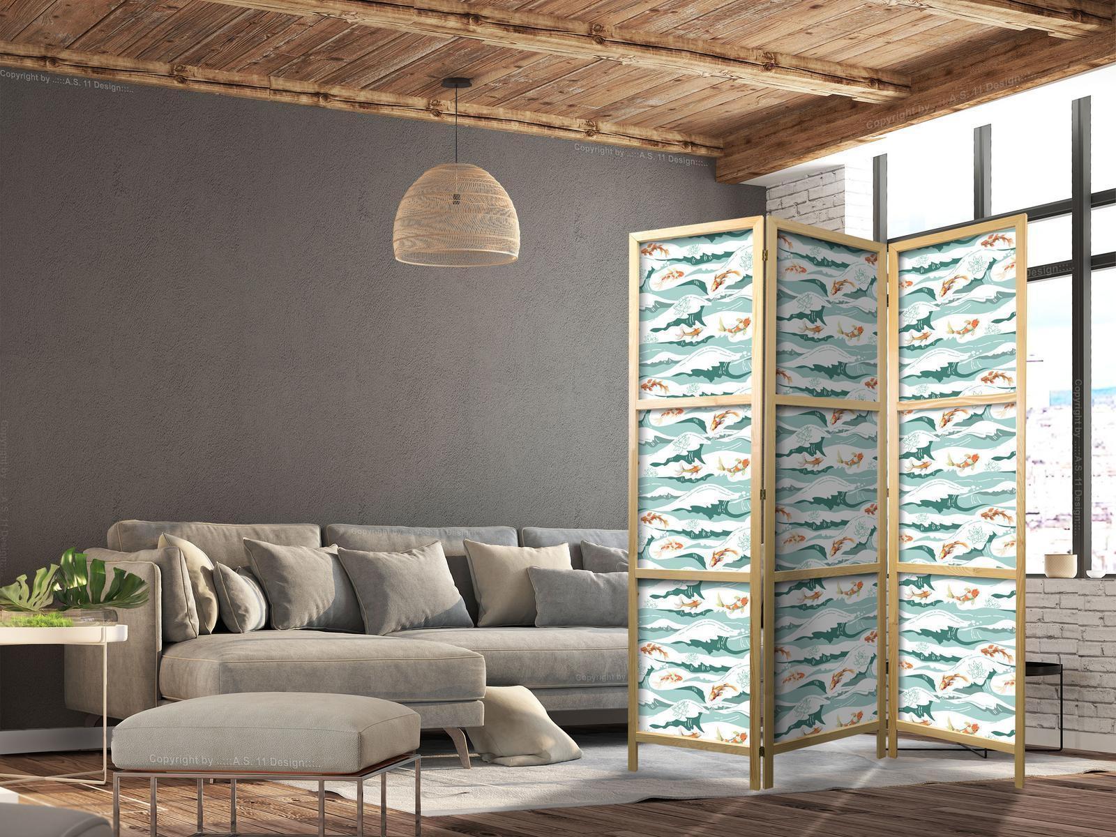Japanischer Paravent - Fish Jumping Over Waves - Oriental Fish and Water Lilies Among High Waves in Shades of Sea Green Artgeist