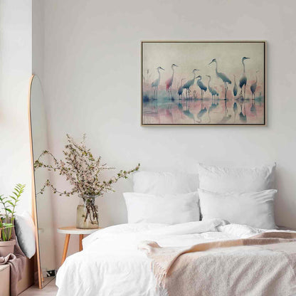 Leinwandbild - Birds by the lake - herons painted in watercolour in delicate grey and pink colours