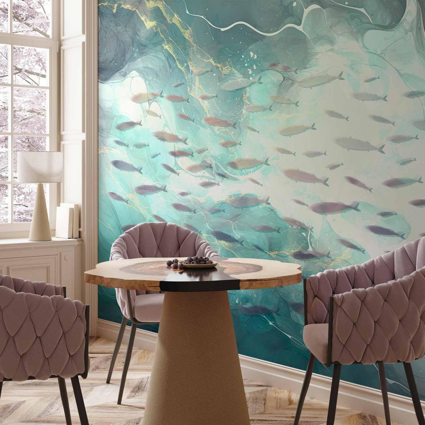 Fototapete Fischschwarm – Elegante Unterwasserwelt im japanischen Stil