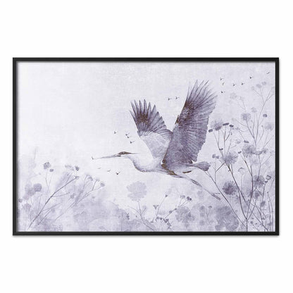 Poster - Majestic Flight - crane in flight in a monochromatic, cool color palette