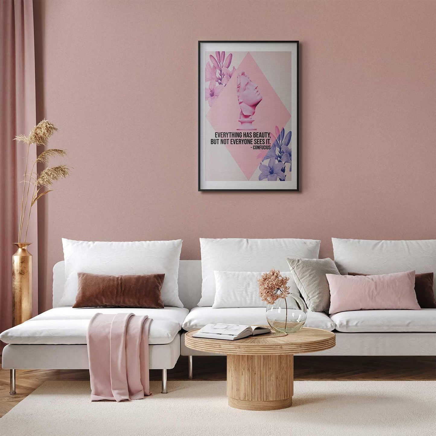 Poster - Confucius on Beauty - a bust in pink with flowers and a quote Artgeist