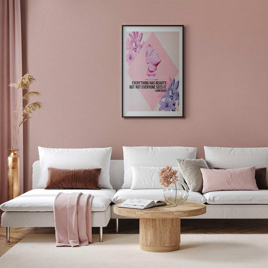 Poster - Confucius on Beauty - a bust in pink with flowers and a quote Artgeist