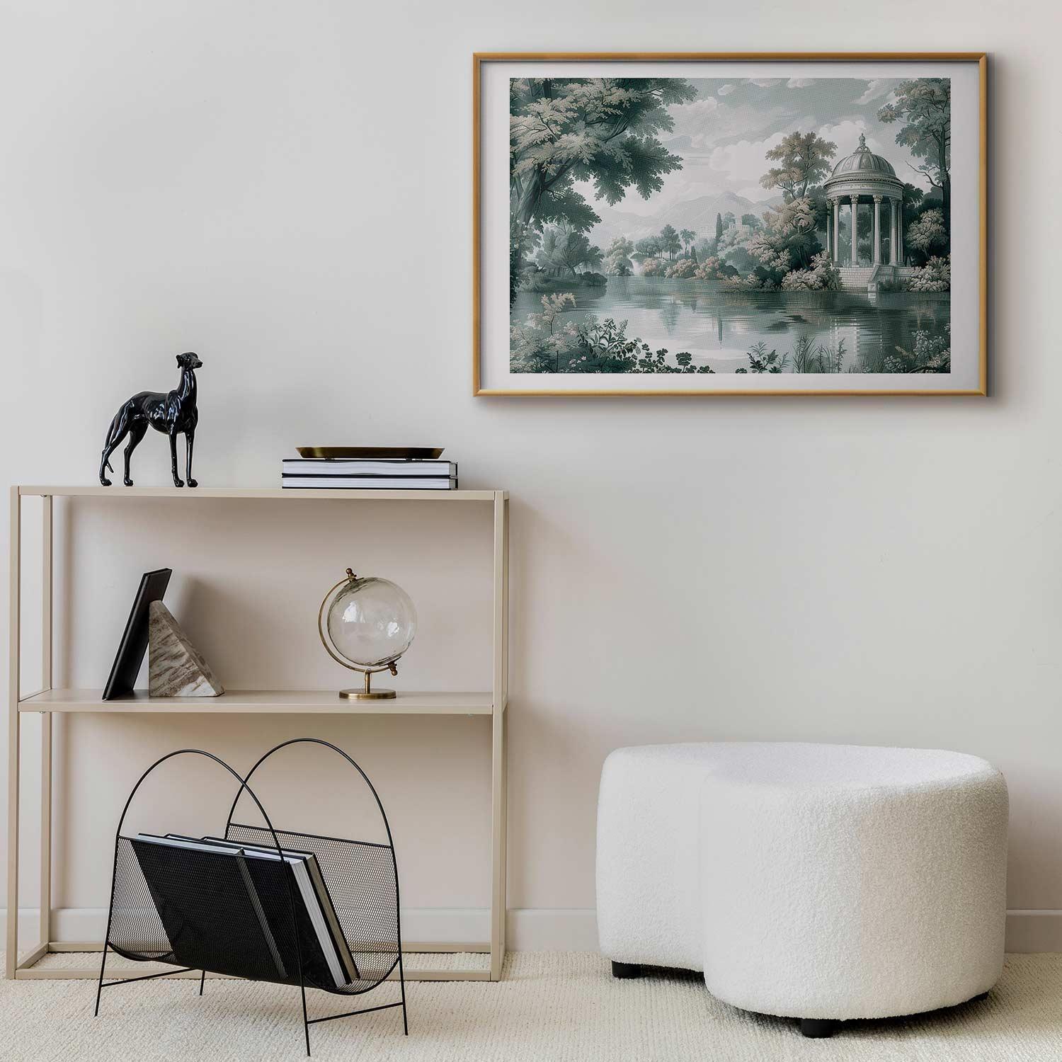 Retro greens landscape poster with park and lake framed on a modern interior wall.
