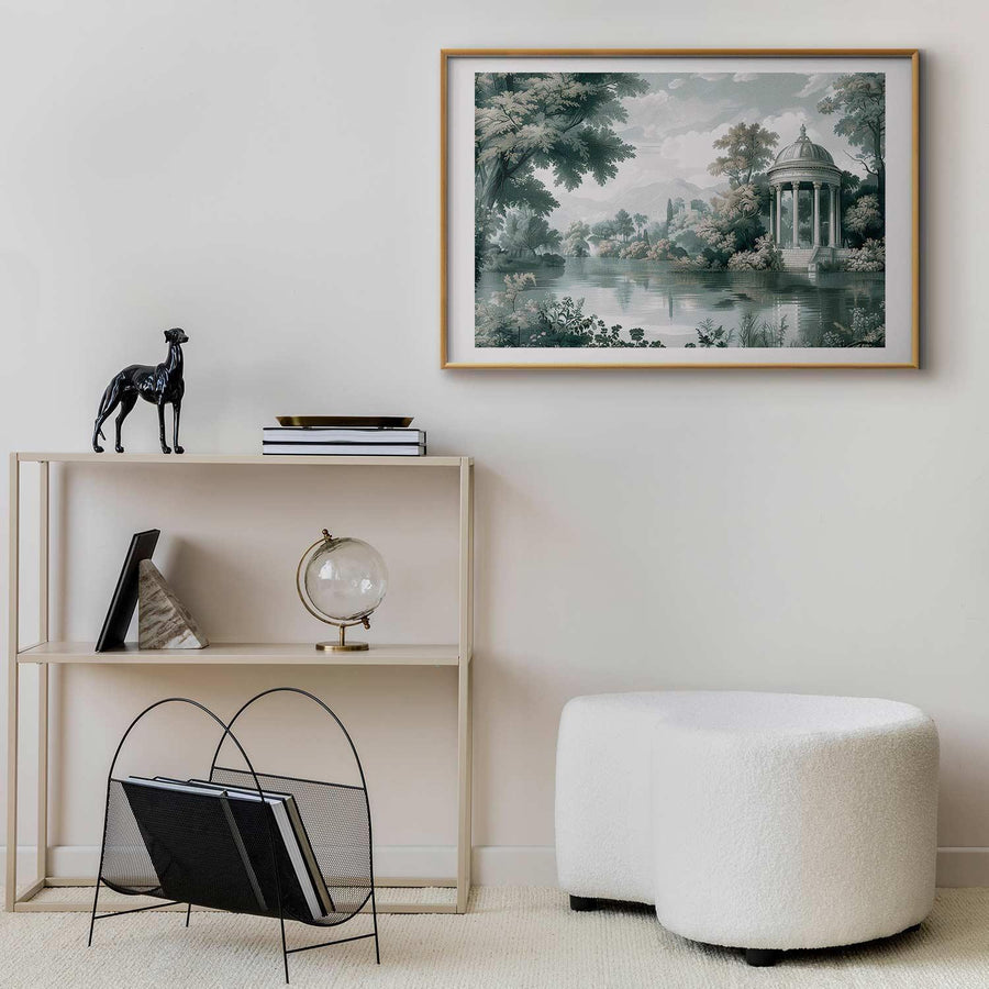 Retro greens landscape poster with park and lake framed on a modern interior wall.