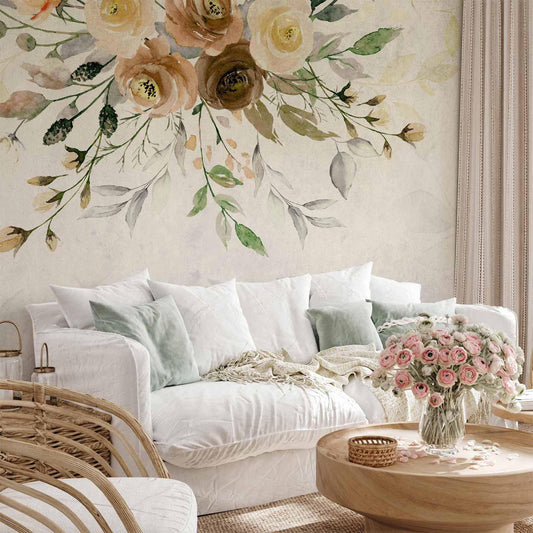Fototapete - Summer bloom - retro floral motif with flowers and leaves with patterns Artgeist